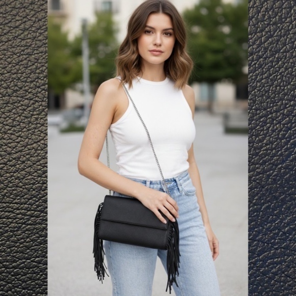 Black Fringe Crossbody Clutch Vegan Leather Festival Bag Silver Chain